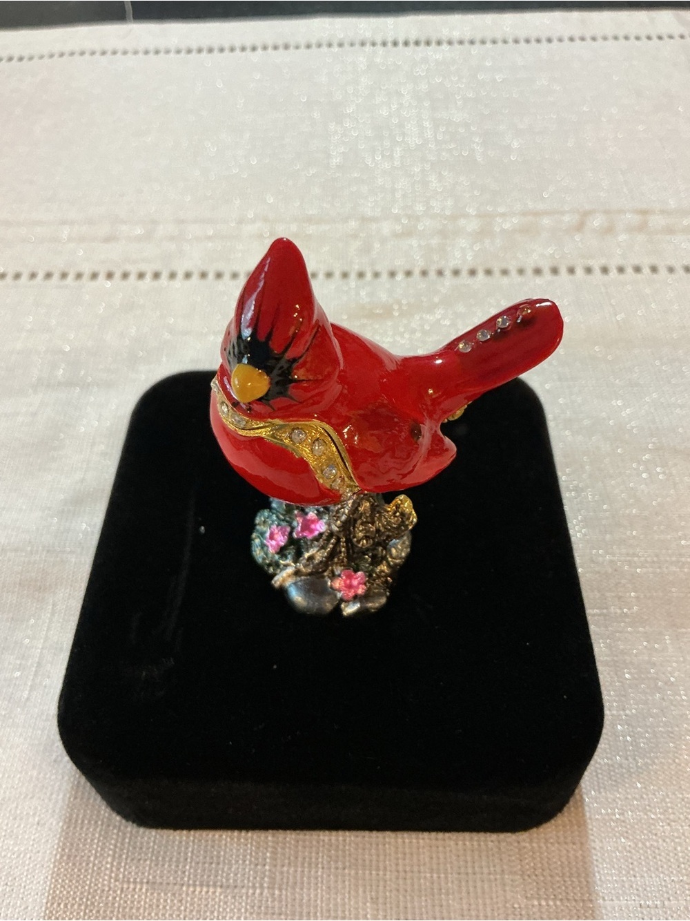 Red Cardinal Figural Enameled Gold Tone Hinged Trinket Box